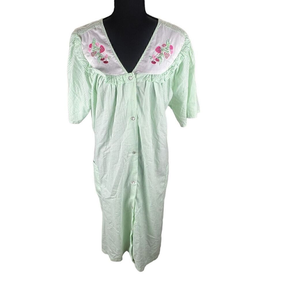 Vintage simply basic green white stripes strawberry collar housecoat MuMu 1x